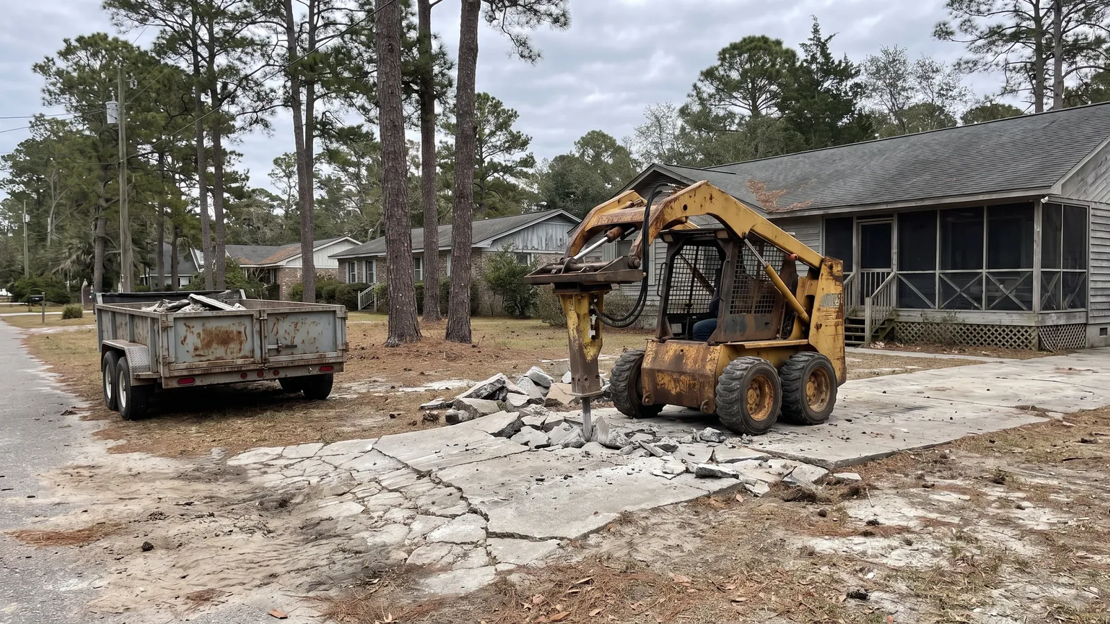 Skid steer with a breaker attachment breaking up an old cracked concrete driveway with a dump trailer waiting