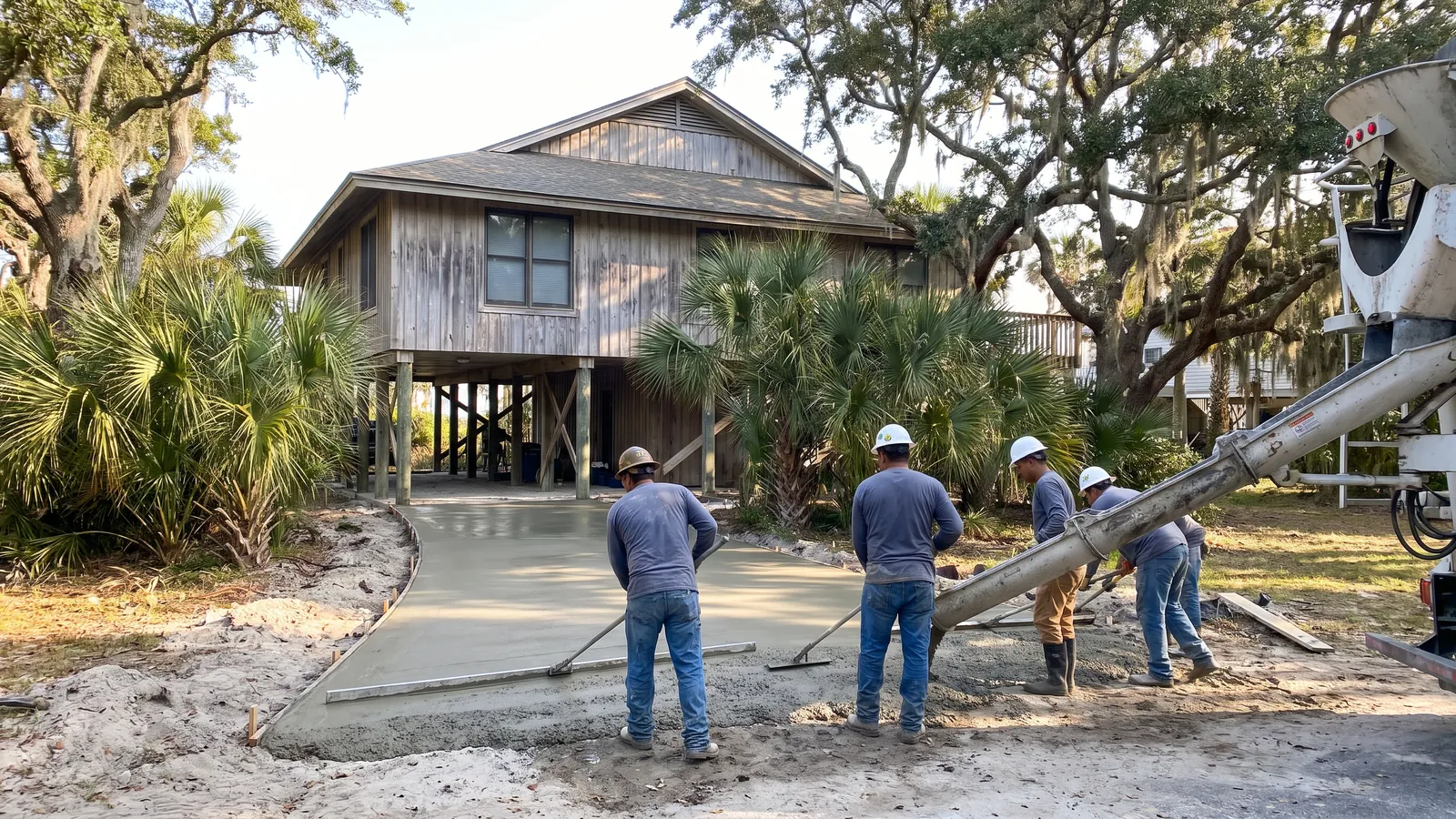 Concrete crew screeding a new broom-finish driveway at a raised coastal home with palmetto palms in Myrtle Beach, South Carolina