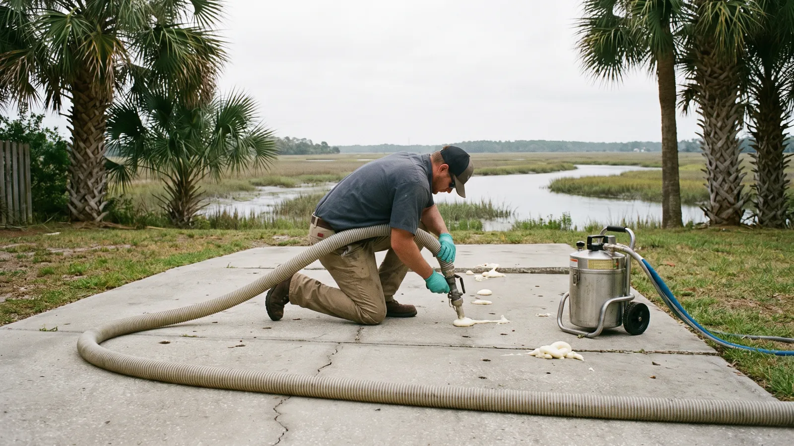 Technician injecting polyurethane foam through small holes to lift a sunken concrete driveway slab at a coastal home
