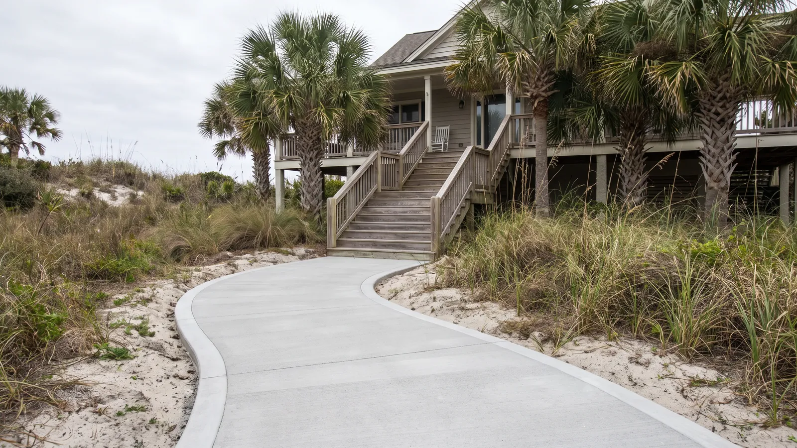 Curved broom-finished concrete walkway with a smooth border leading to the stairs of a raised coastal home with palmettos