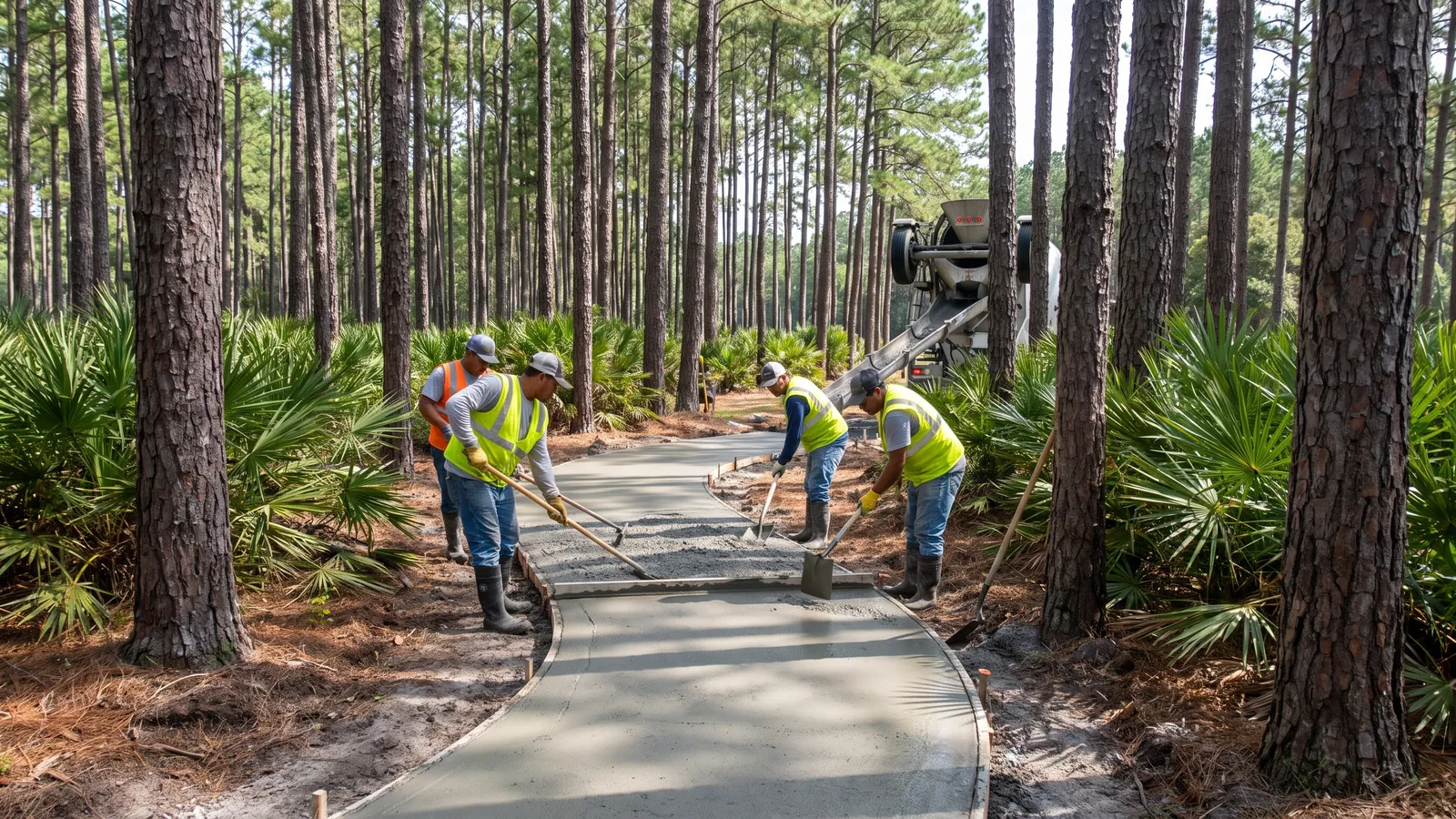 Crew pouring a concrete golf cart path through longleaf pines in a Grand Strand golf community