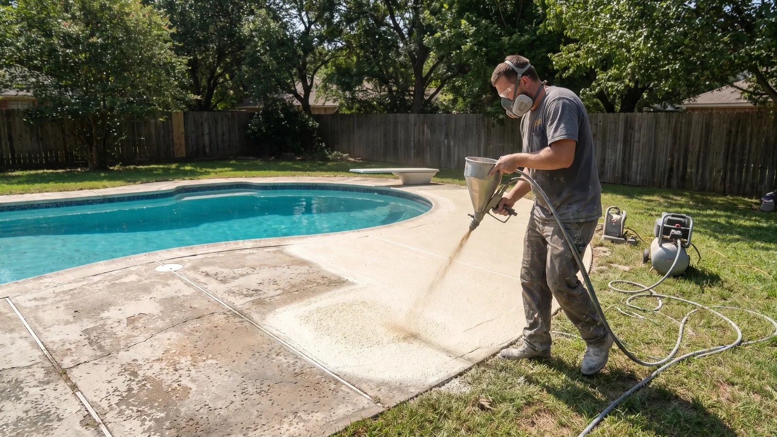 Technician spraying a textured cool-deck acrylic overlay on an older pool deck around a backyard pool