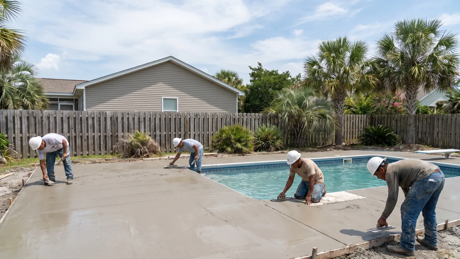 Crew finishing a fresh concrete pool deck around a backyard pool at a South Carolina coastal home under a bright sky