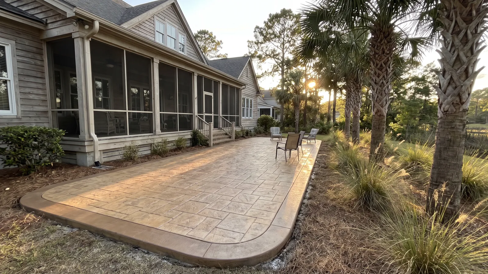 Stamped concrete patio in an ashlar slate pattern with a warm sand-colored integral color behind a Grand Strand home