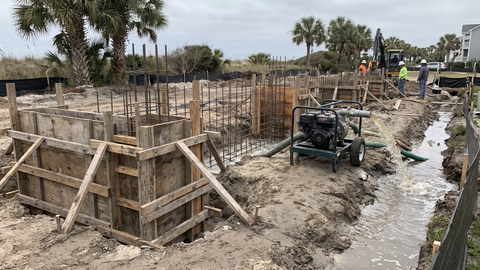 Reinforced concrete footing and stem wall forms with rebar in sandy coastal ground, water pumped from the trench, ready for a pour